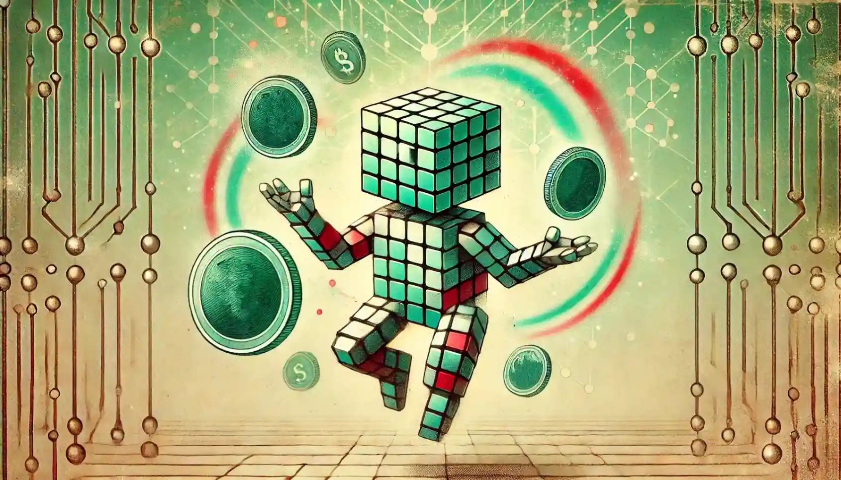 Robot juggling coins mid-air over blockchain-themed background