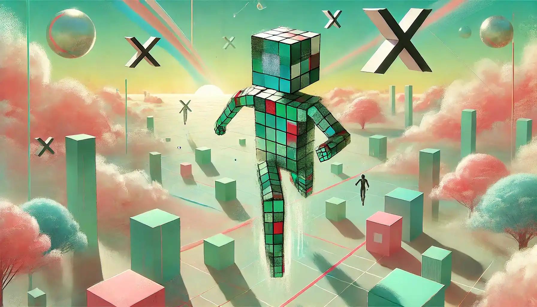 Robot jumping across DeFi platforms with floating tokens nearby