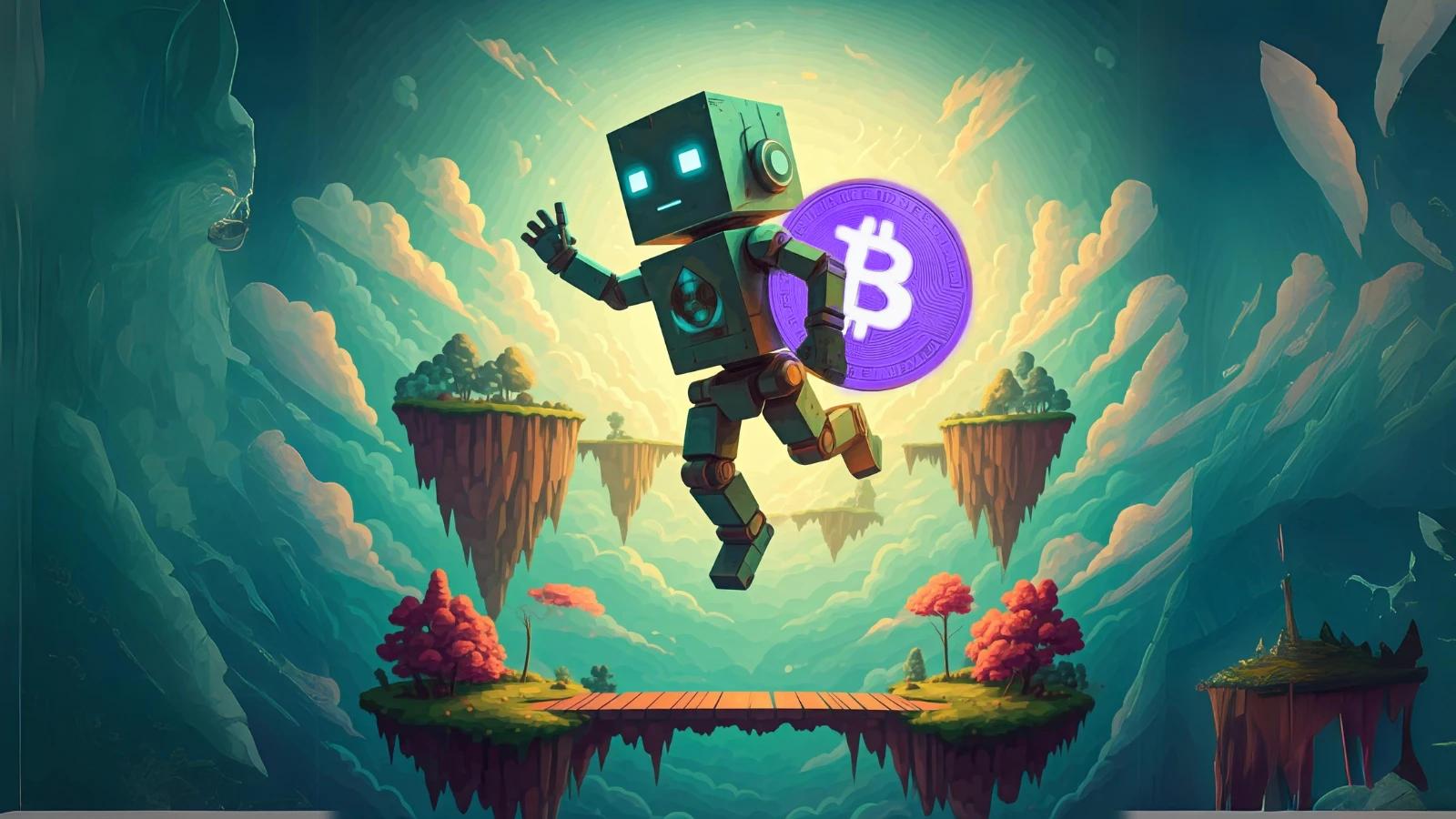 Robot jumping between blockchain islands holding Bitcoin, connecting Ethereum and OP