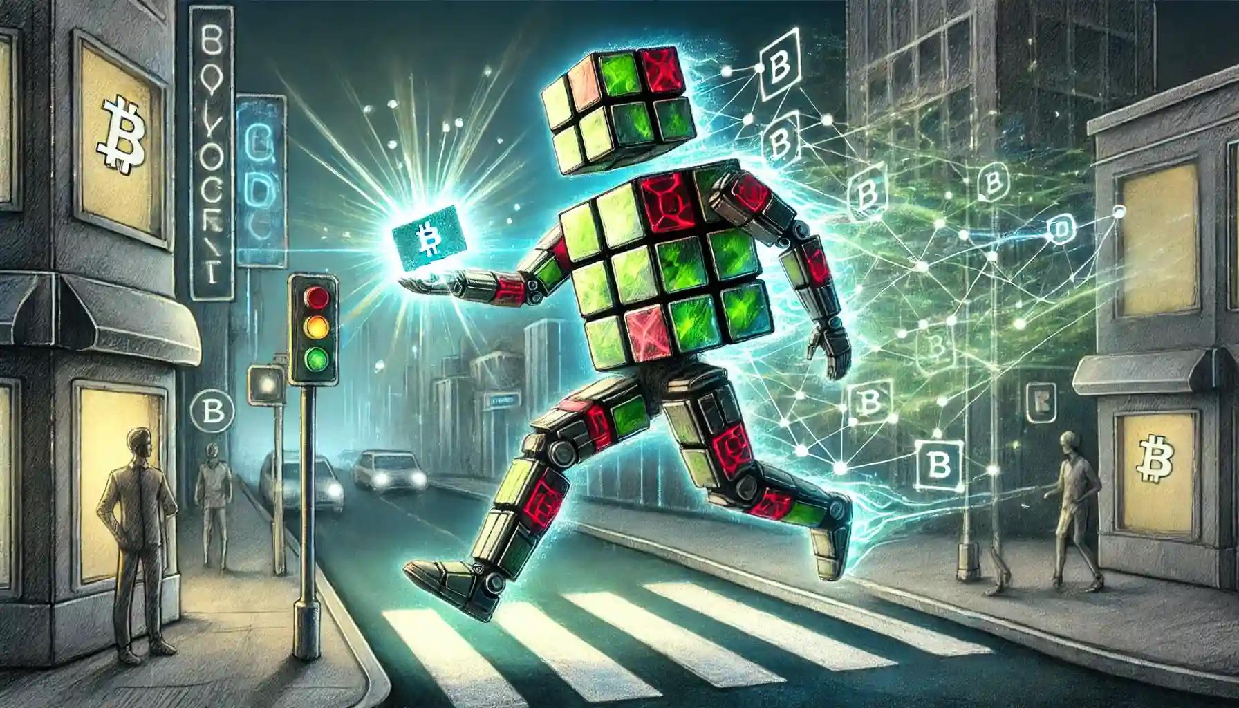 Robot jumping over a futuristic cityscape with glowing crypto card