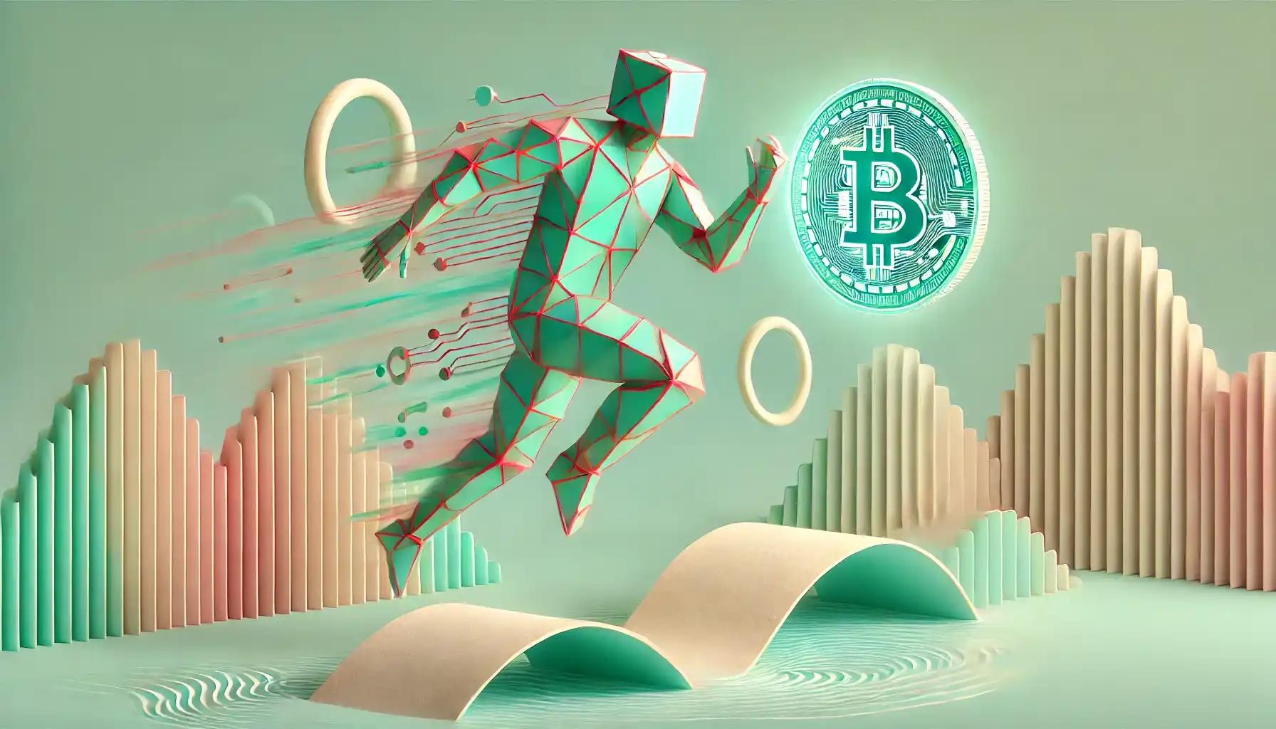 Robot jumps across pastel ledgers on crypto price rails