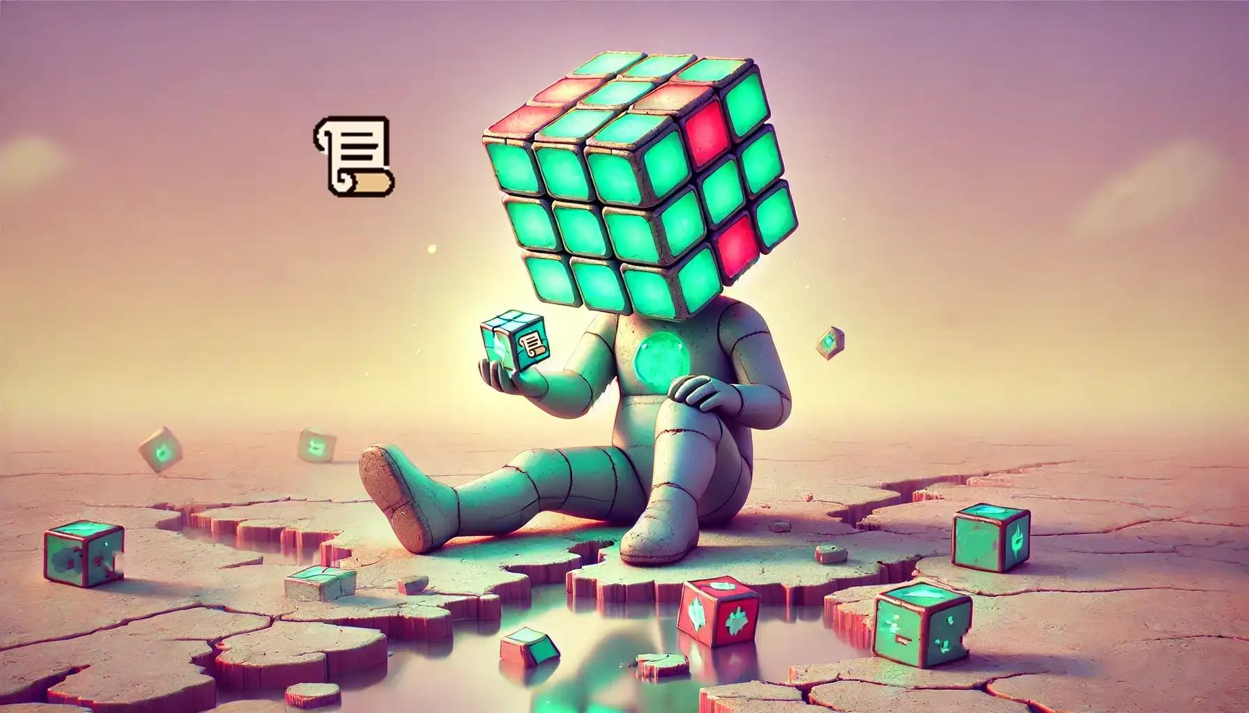Robot kneeling on cracked ground holding glowing cube, pastel sky