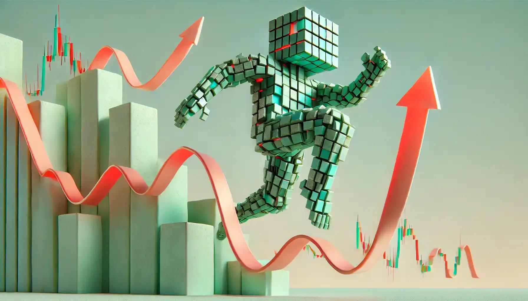 Robot leaping across glowing coral ribbons shaped like crypto price index