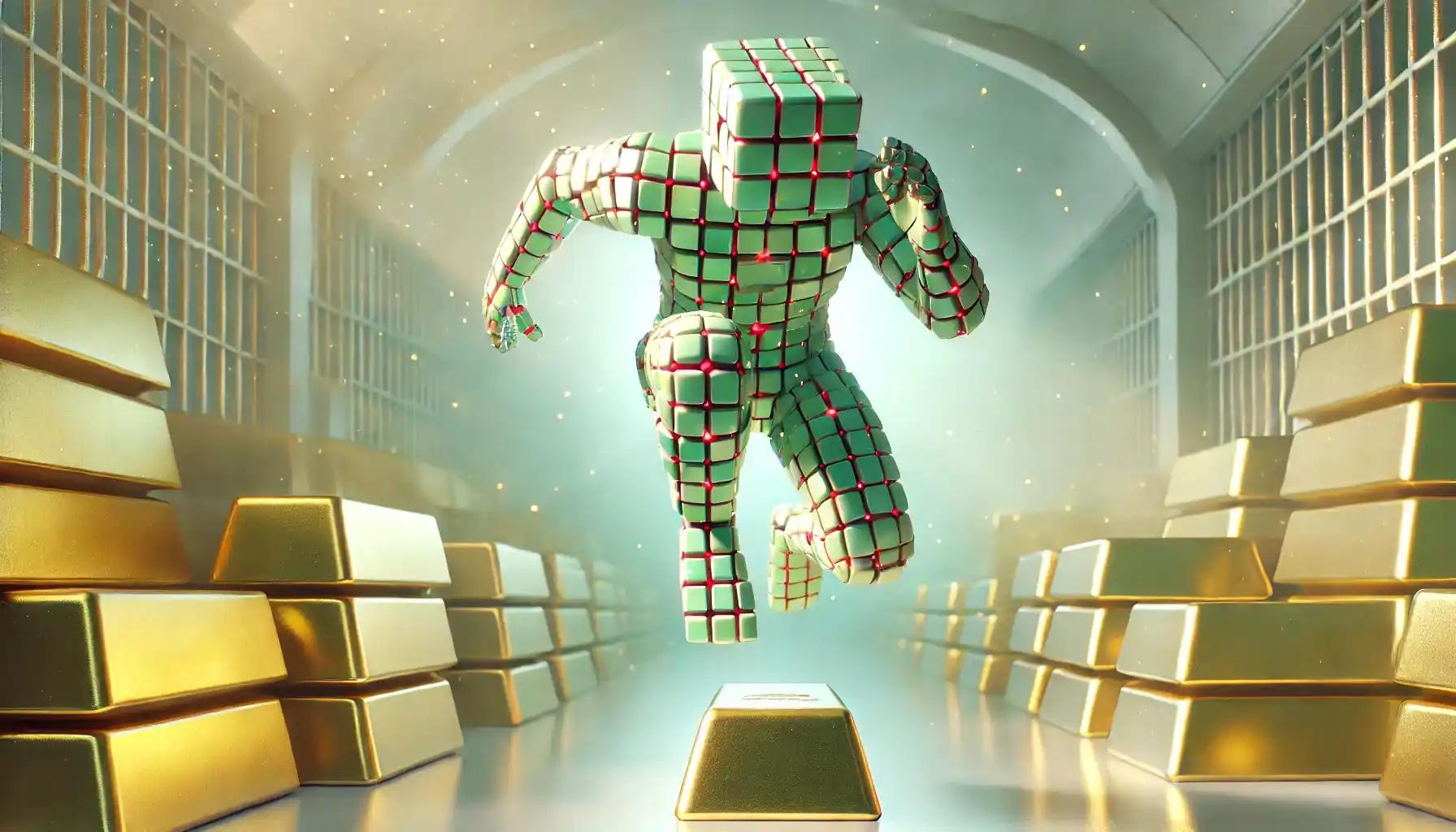 Robot leaping across pastel gold bars symbolizing crypto price index