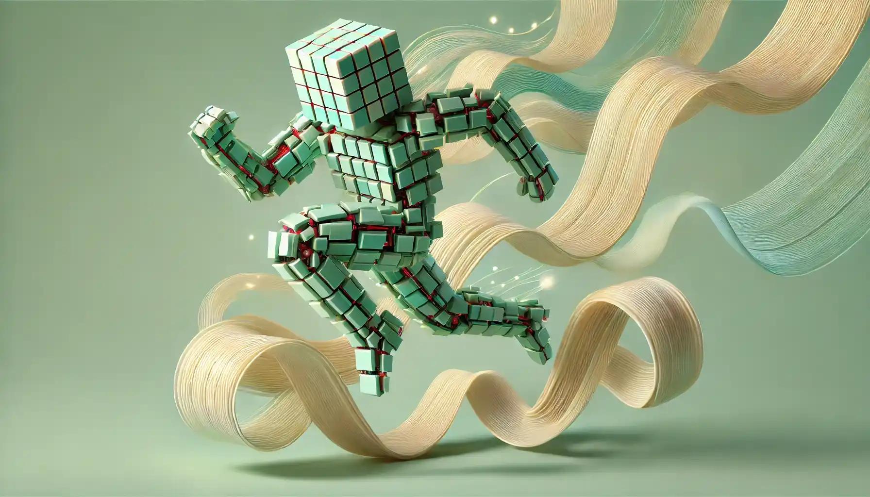 Robot leaping along ivory ribbons linked to coin market cap