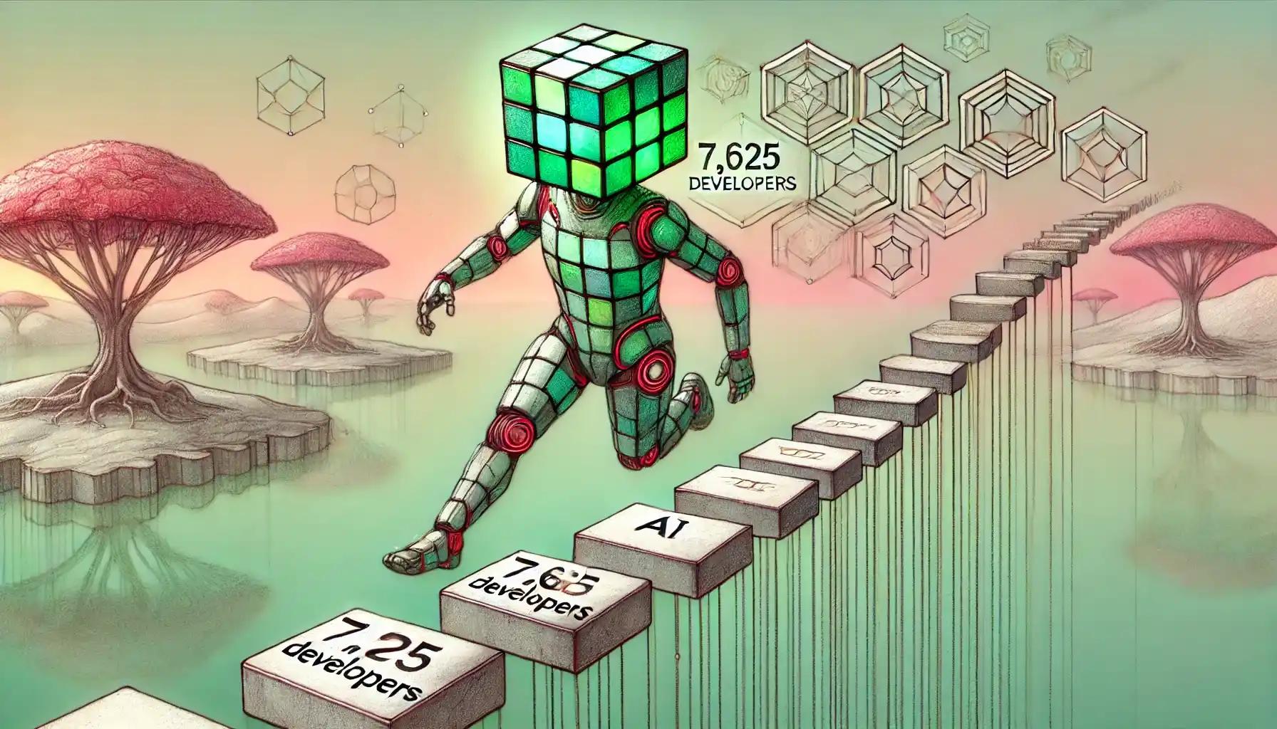 Robot leaps across hexagonal nodes labeled 7,625 Developers