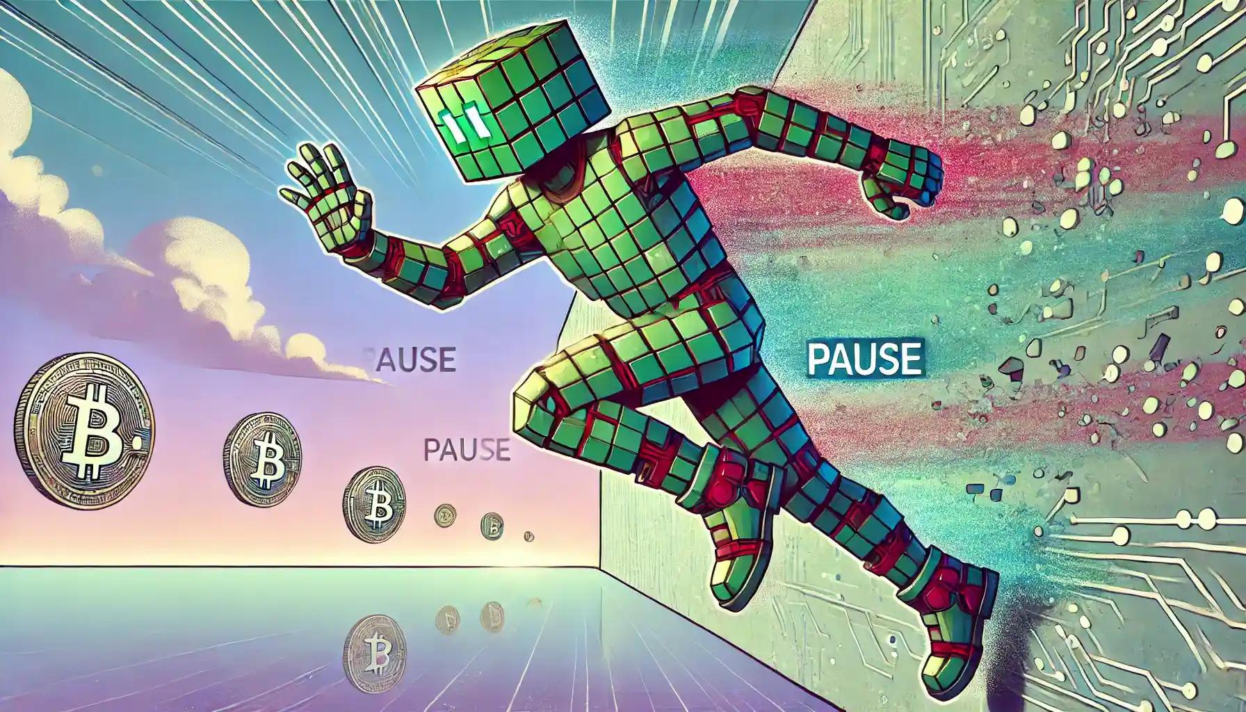 Robot leaps, breaking a translucent Pause wall amid pastel tokens