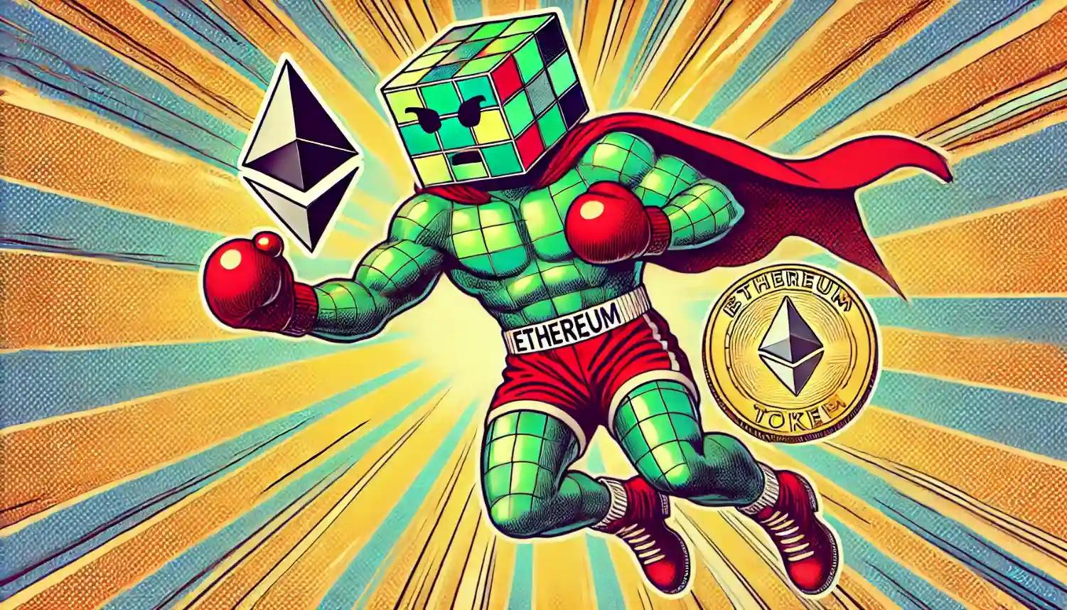 Robot leaps holding ETH token, comic book style energy burst