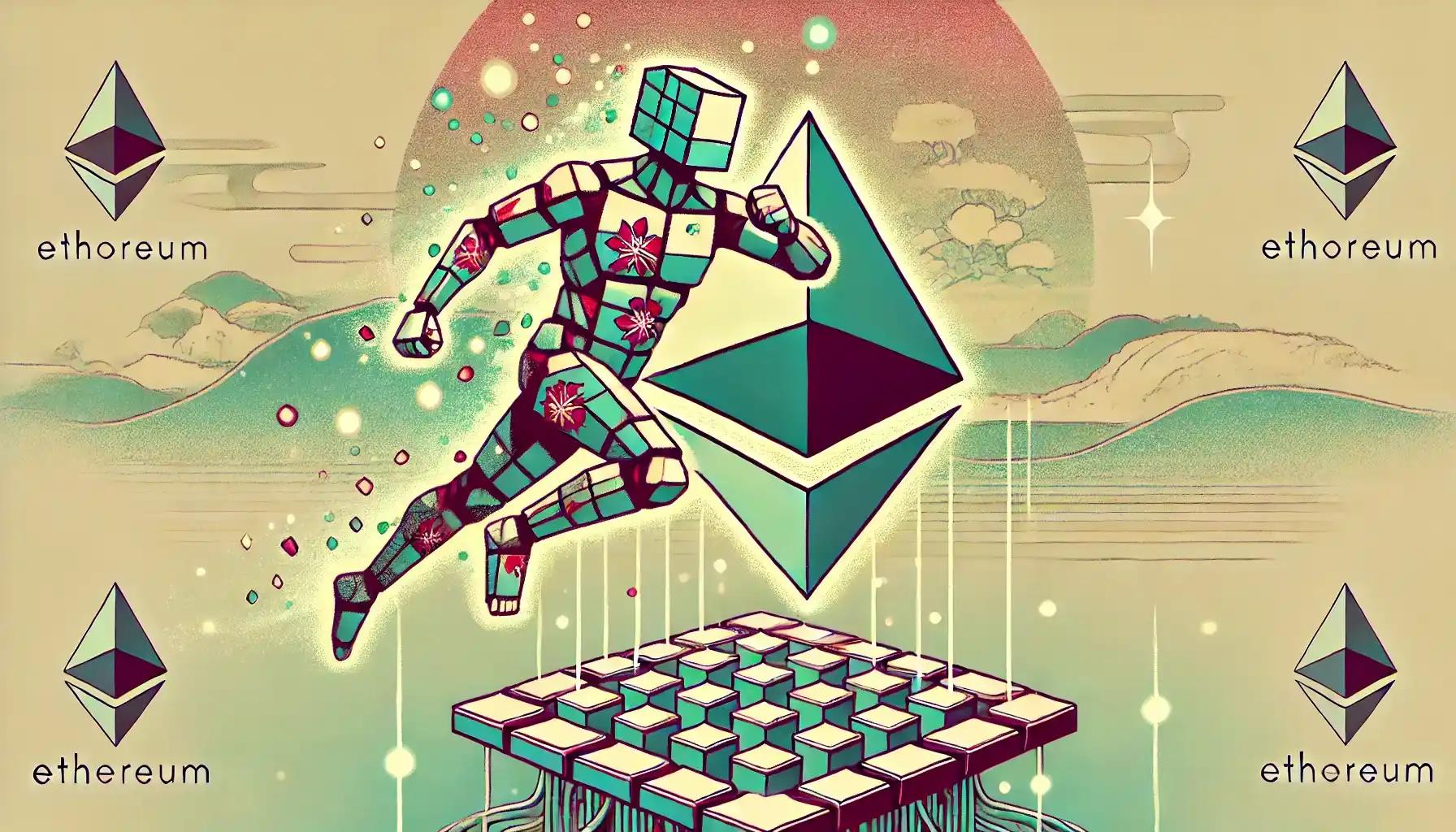 Robot leaps over Ethereum platform in a digital landscape