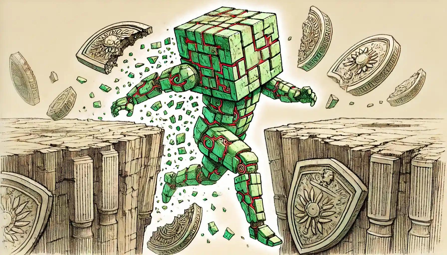 Robot leaps over broken law shields scattering glowing fragments