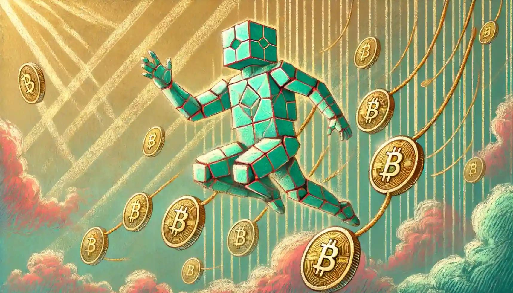 Robot leaps over gold retirement coins symbolizing $12.5T crypto market.webp