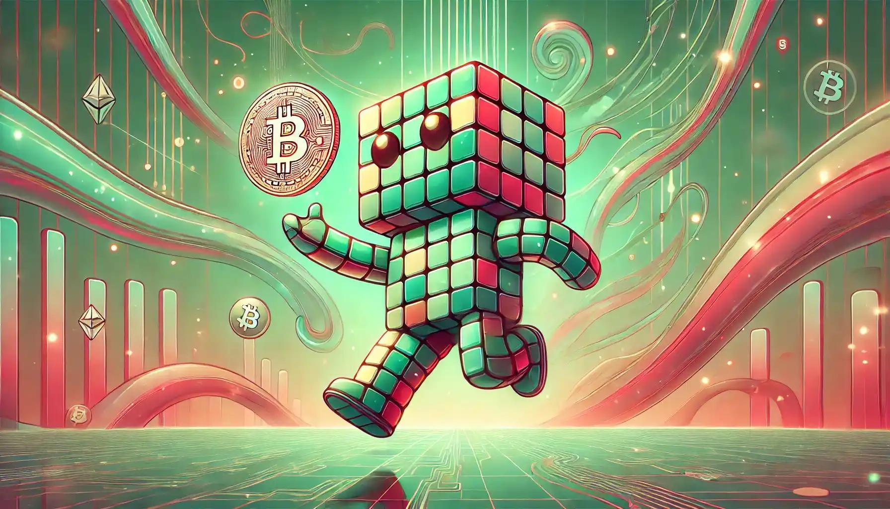 Robot leaps with Bitcoin token in blockchain-hued financial hub