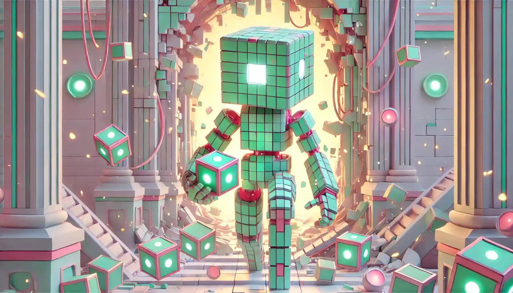 Robot leaving collapsing cyber-fortress carrying glowing cubes