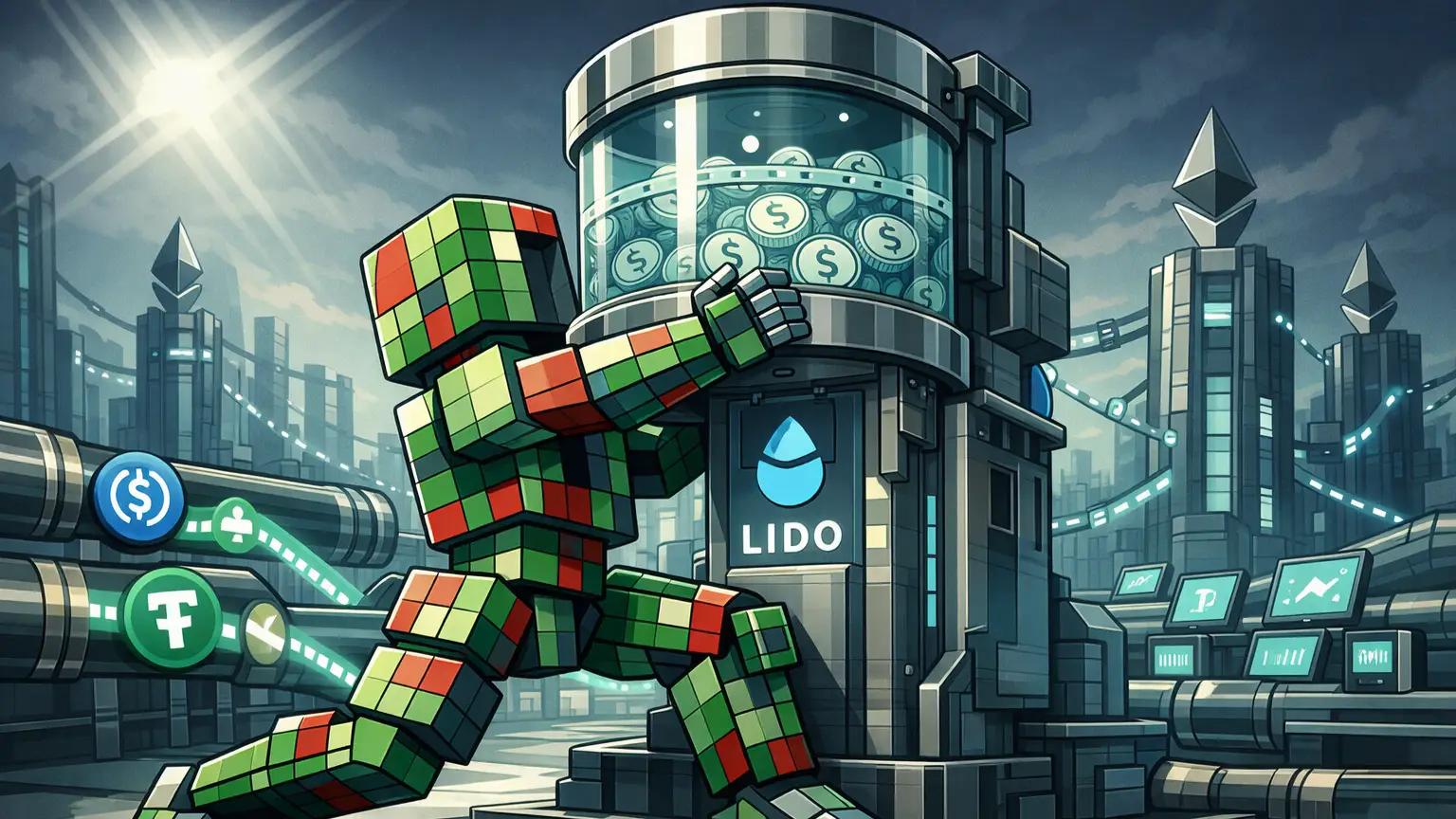 Robot lifting stablecoin reservoir feeding crypto price data infrastructure network.