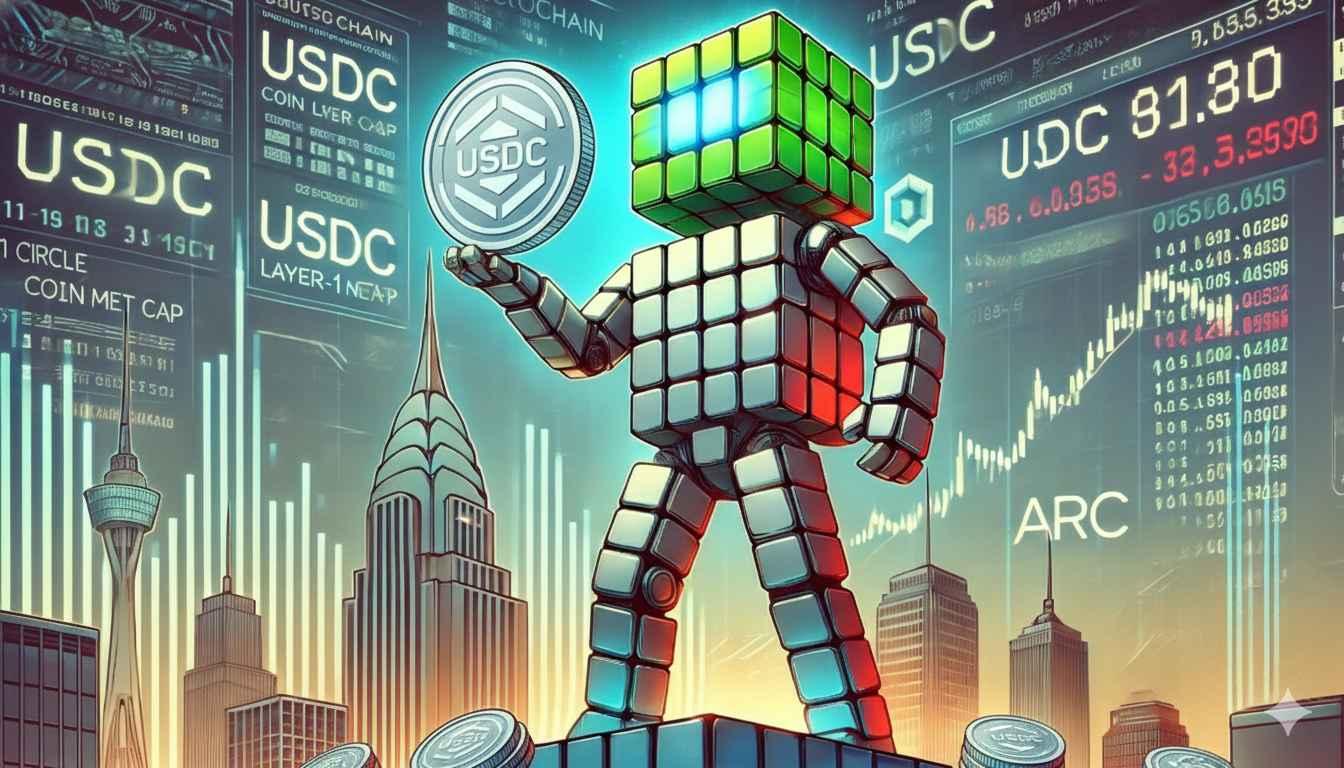 Robot lifts USDC coin over digital city showing crypto price index