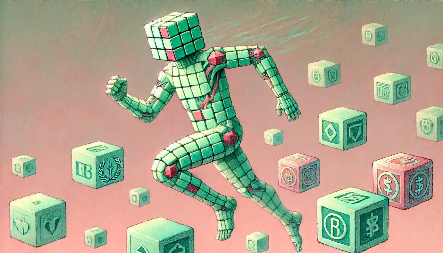 Robot lifts glowing Pokeball token into misty pastel sky