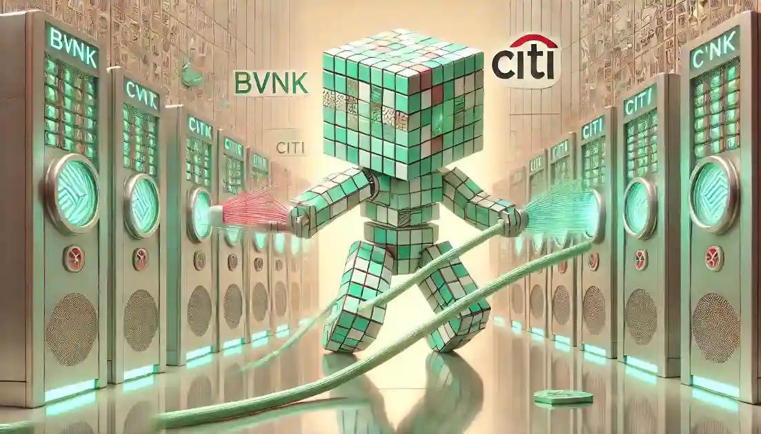 Robot linking Citi and BVNK terminals within blockchain crypto price index