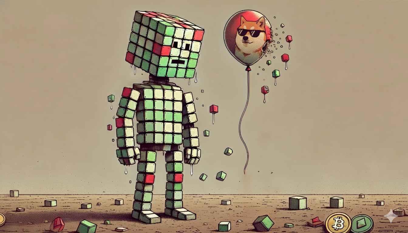Robot looks disappointed at deflating Dogecoin balloon after plunge
