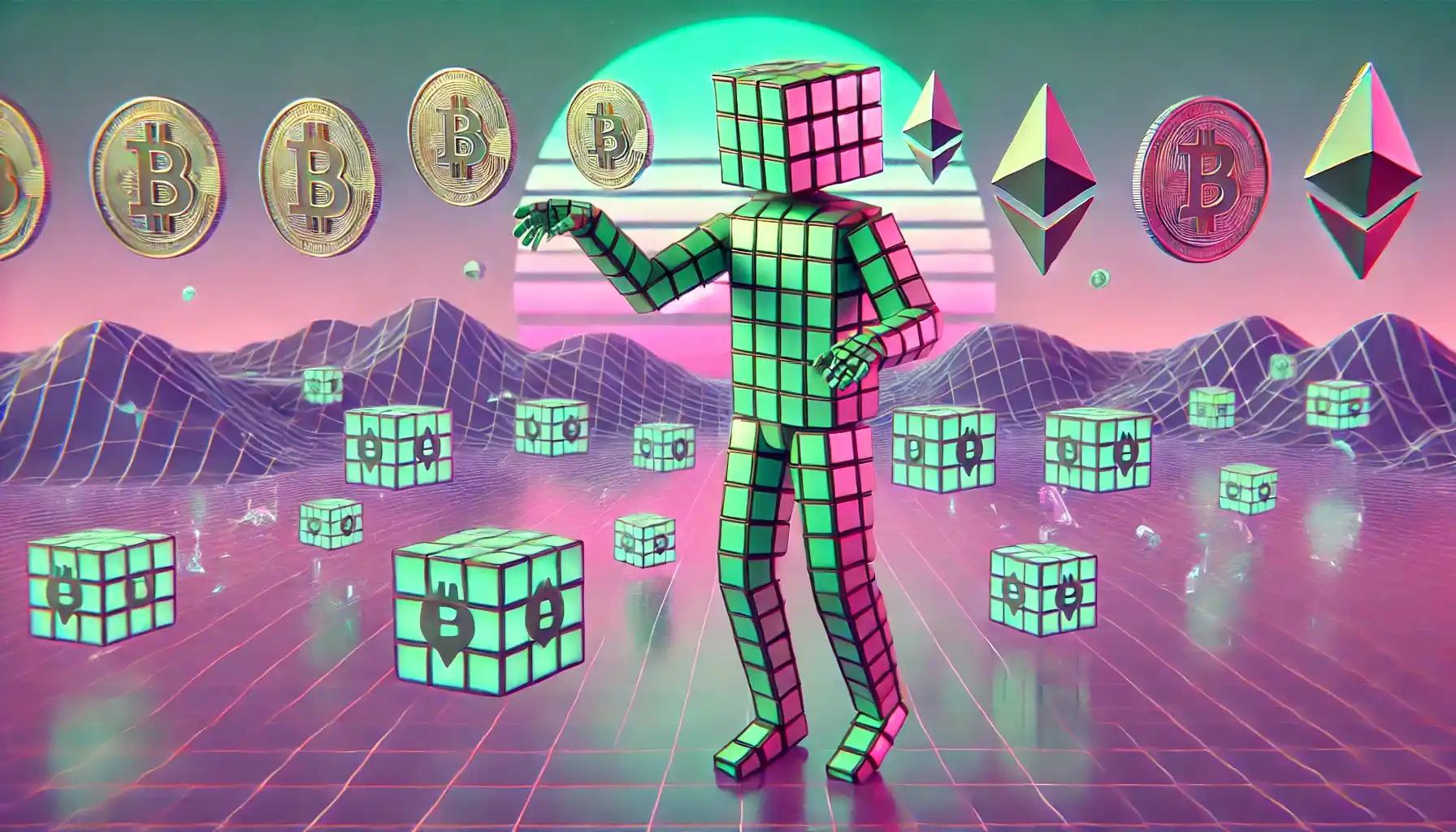 Robot managing crypto assets in a pastel synthwave trading arena