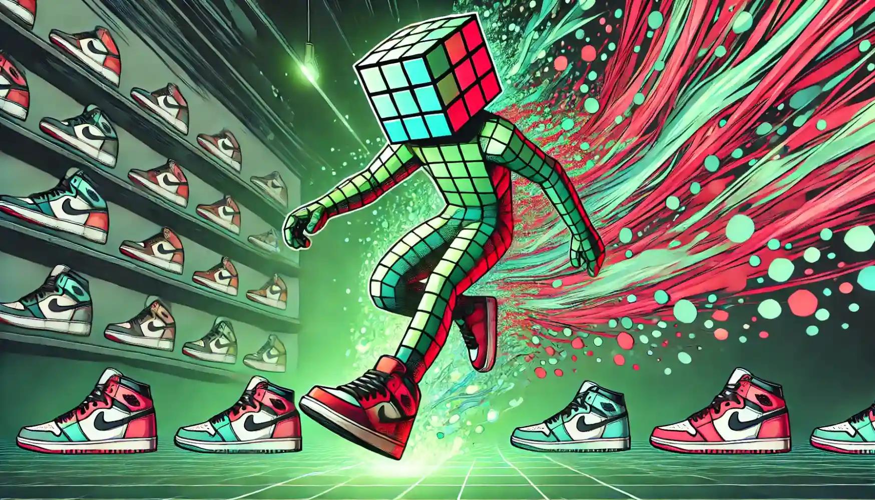 Robot mid-air with swirling sneaker silhouettes