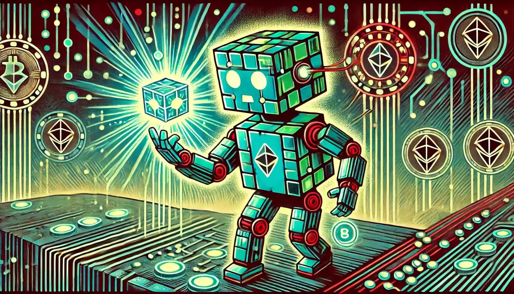 Robot minting tokens amid blockchain circuits on digital platform