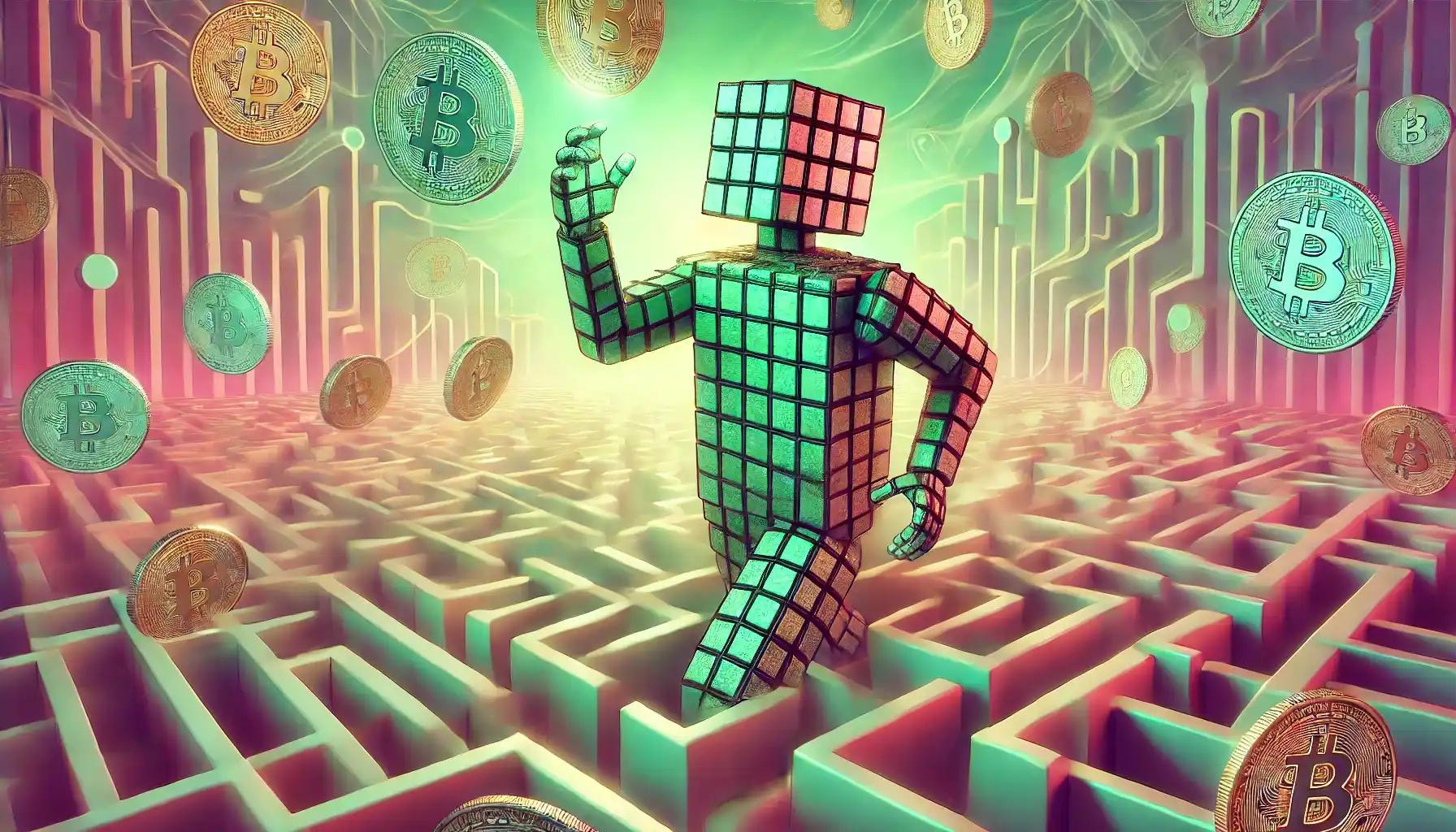 Robot navigates financial maze, touching floating Bitcoin coins