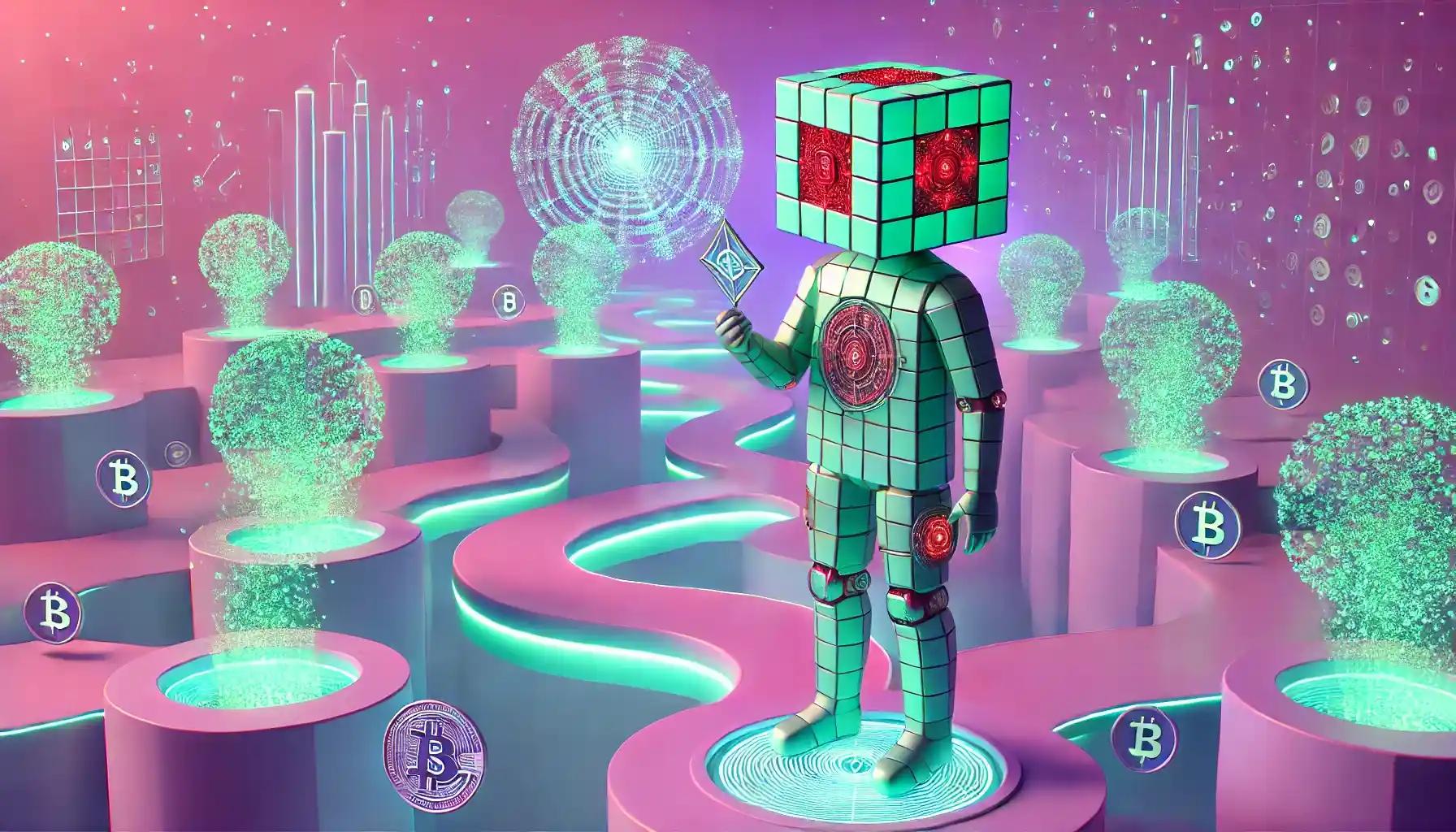 Robot navigates glowing tunnels of crypto laws with futuristic compass