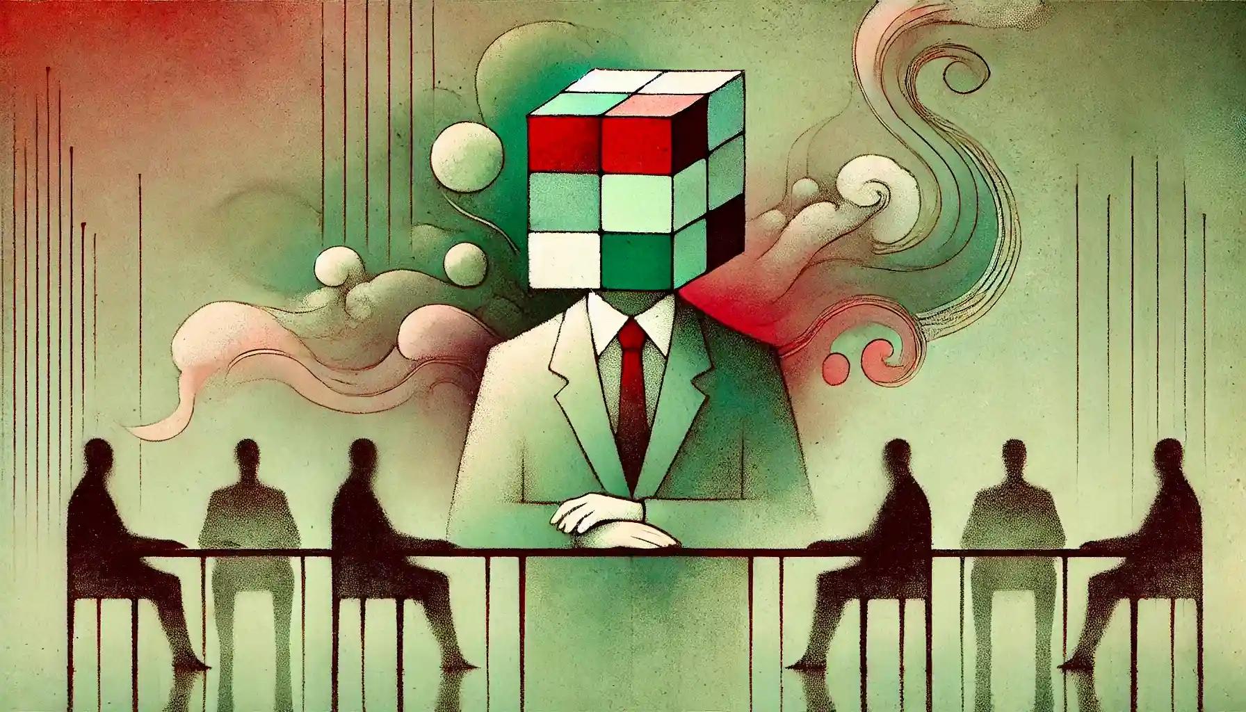 Robot negotiates with shadowy figures under pastel swirls