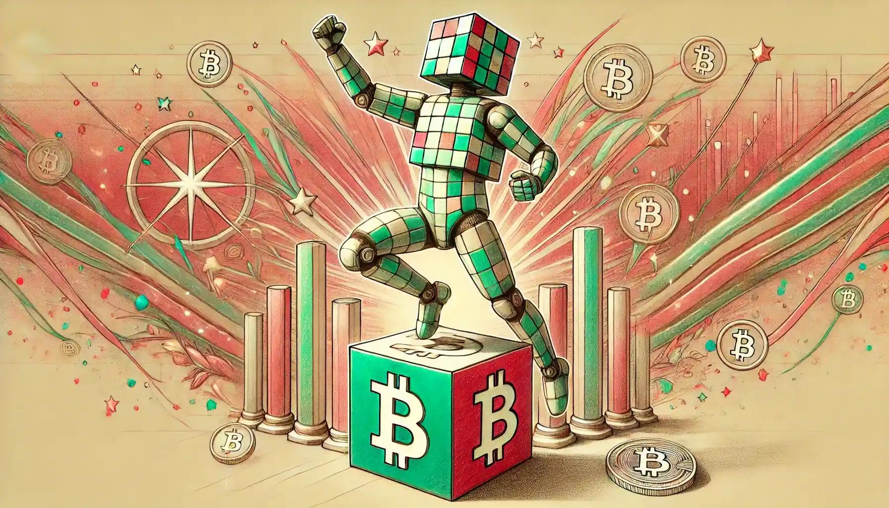 Robot on Bitcoin monument celebrating amidst abstract crypto skyline