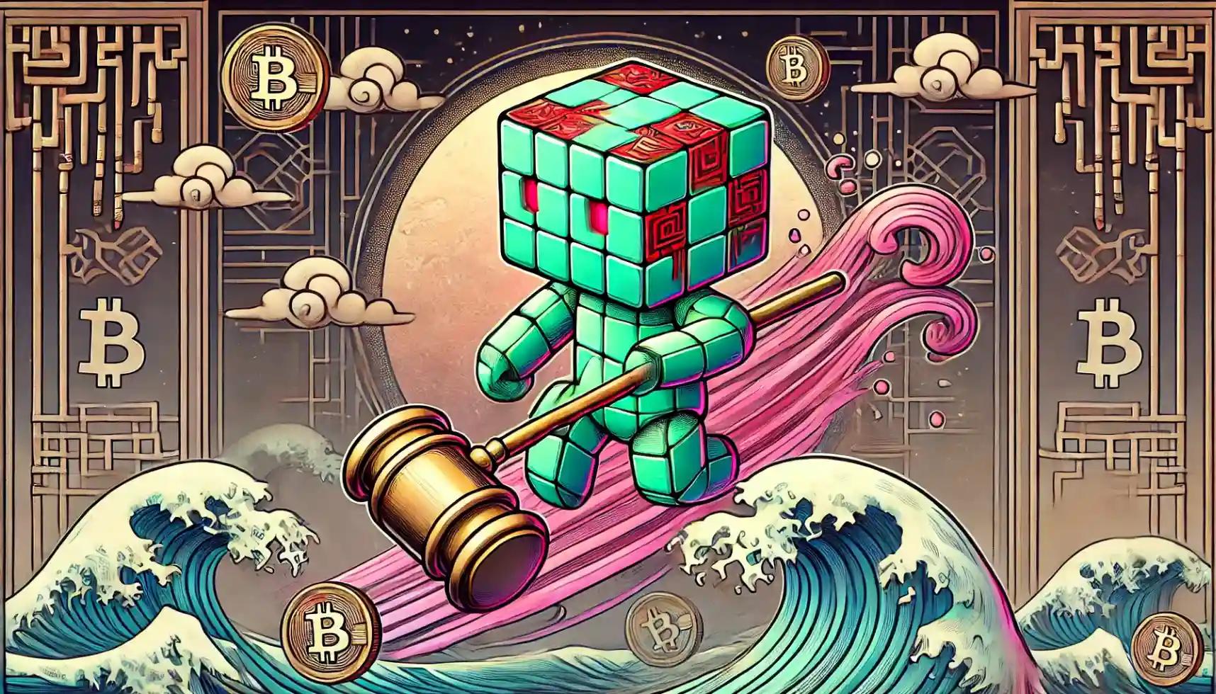 Robot on Bitcoin wave, gavel in hand, Korean design
