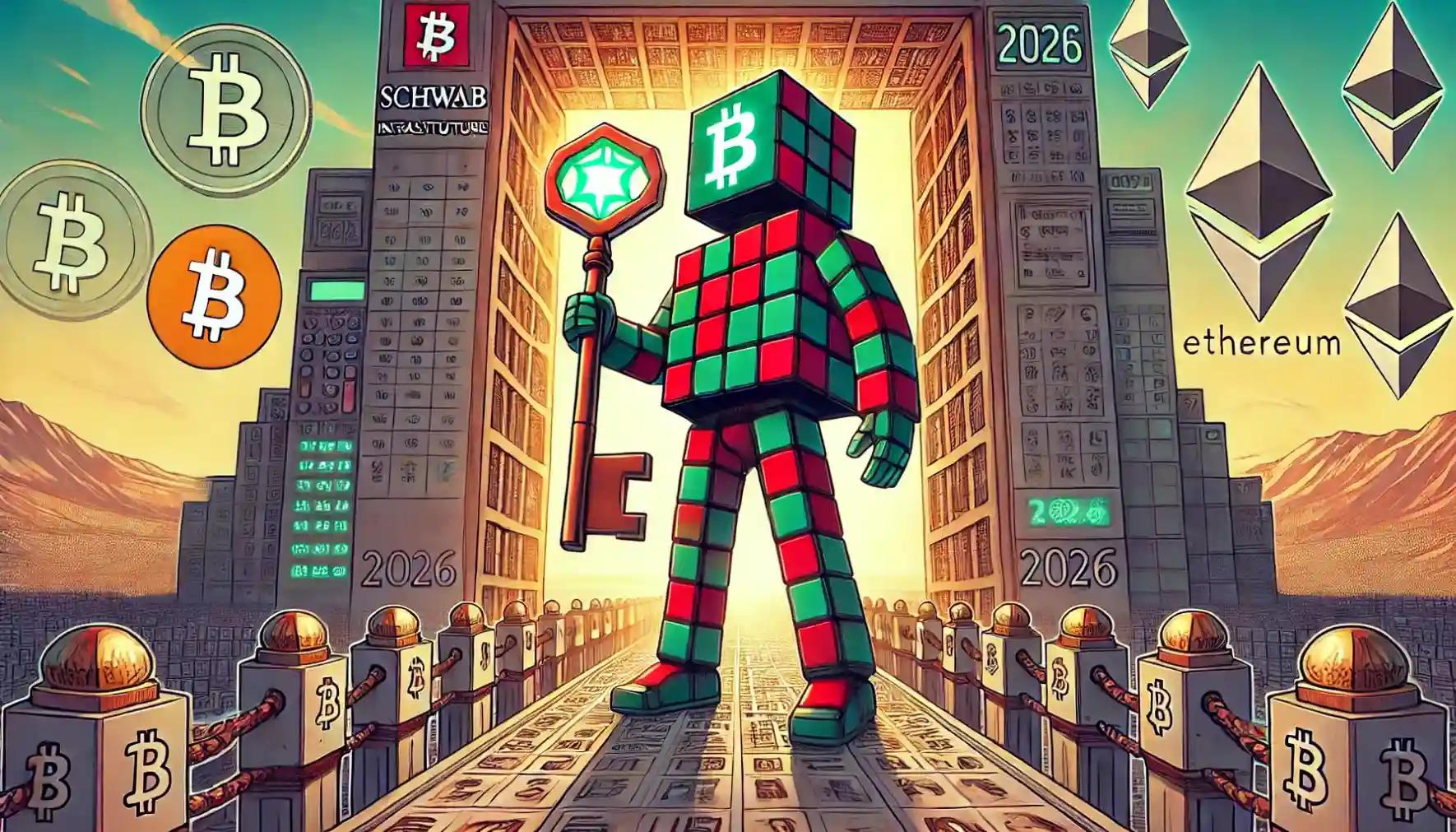 Robot on Schwab bridge with key, opening 2026 gate to crypto
