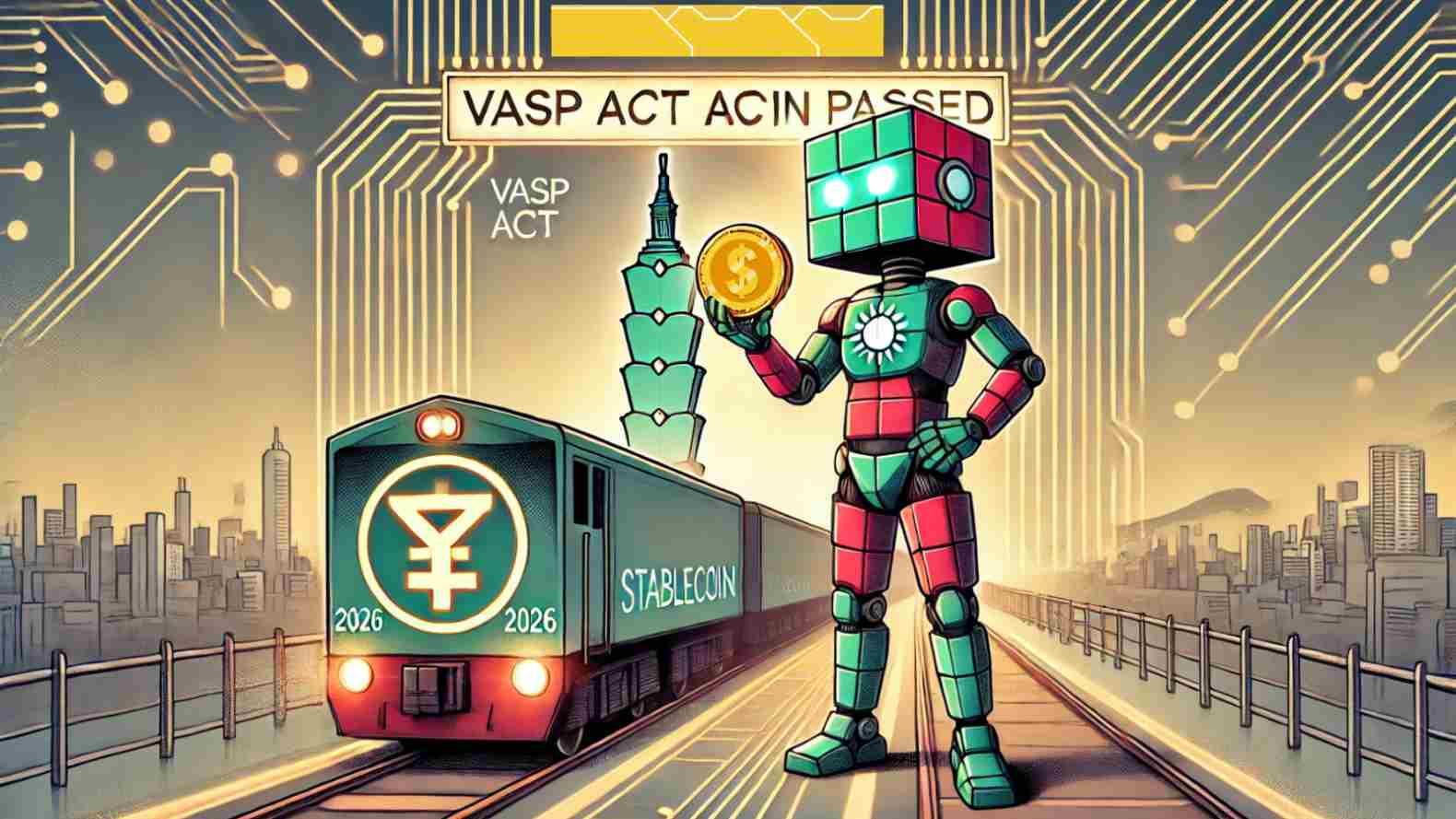 Robot on a Taiwan Stablecoin train holding a dual-currency coin under a VASP Act arch