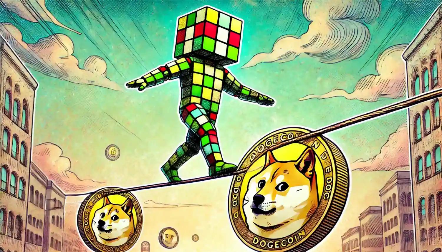 Robot on tightrope between Dogecoins, balancing crypto volatility