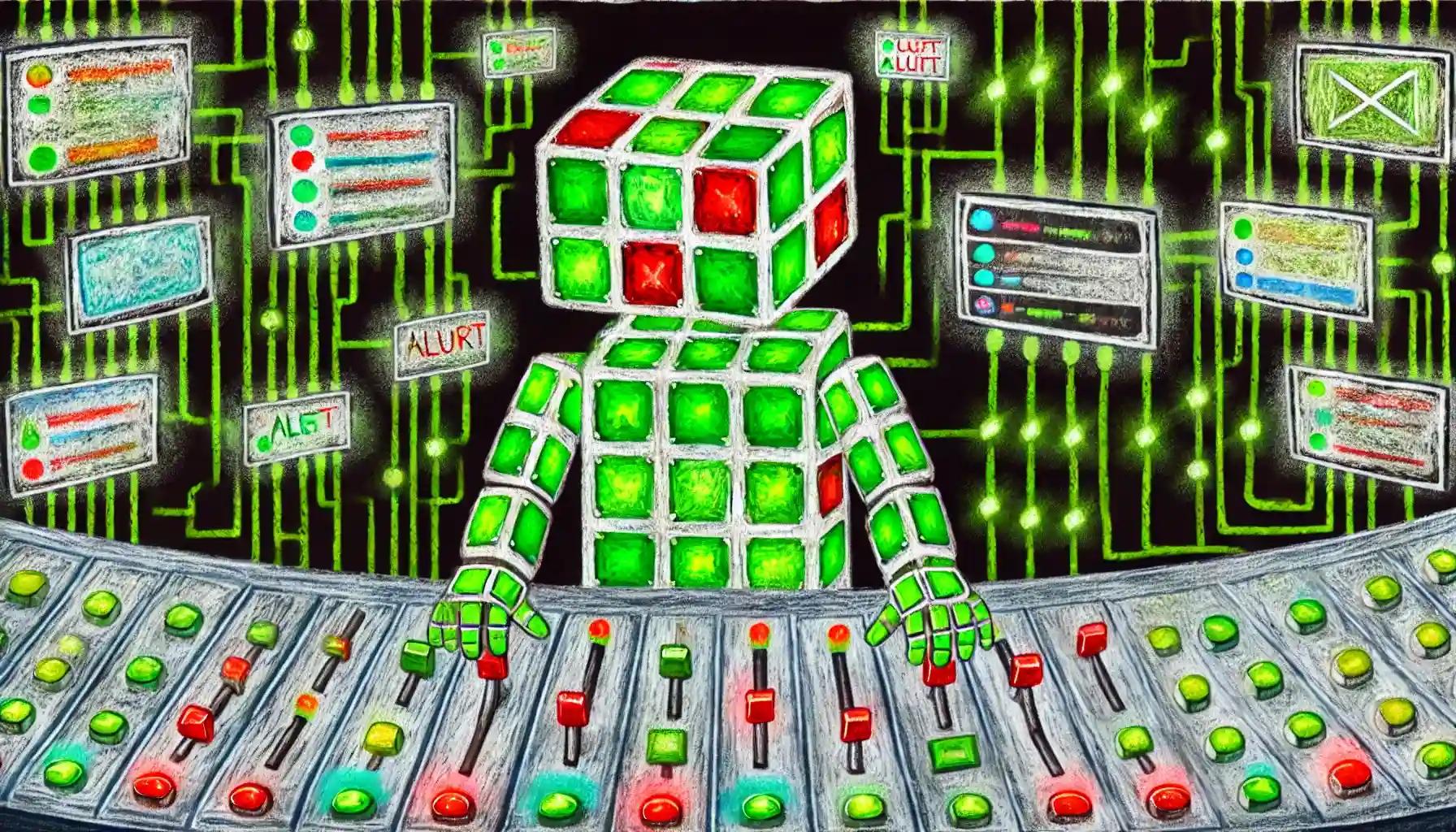 Robot operates complex moderation controls amidst digital network