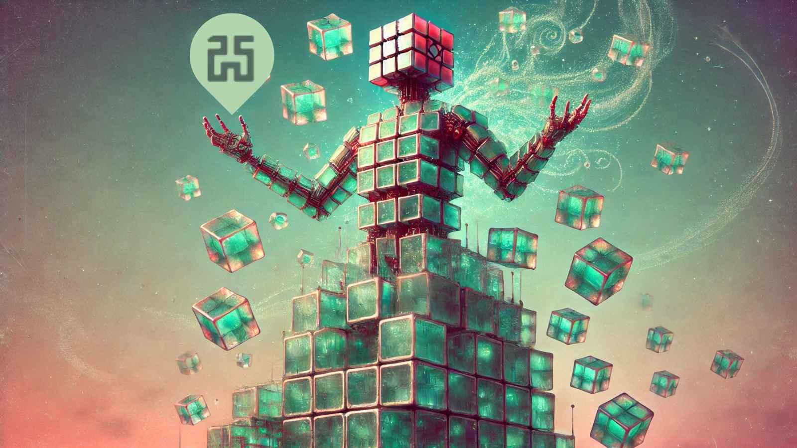 Robot orchestrating translucent B-shares in a pastel twilight scene