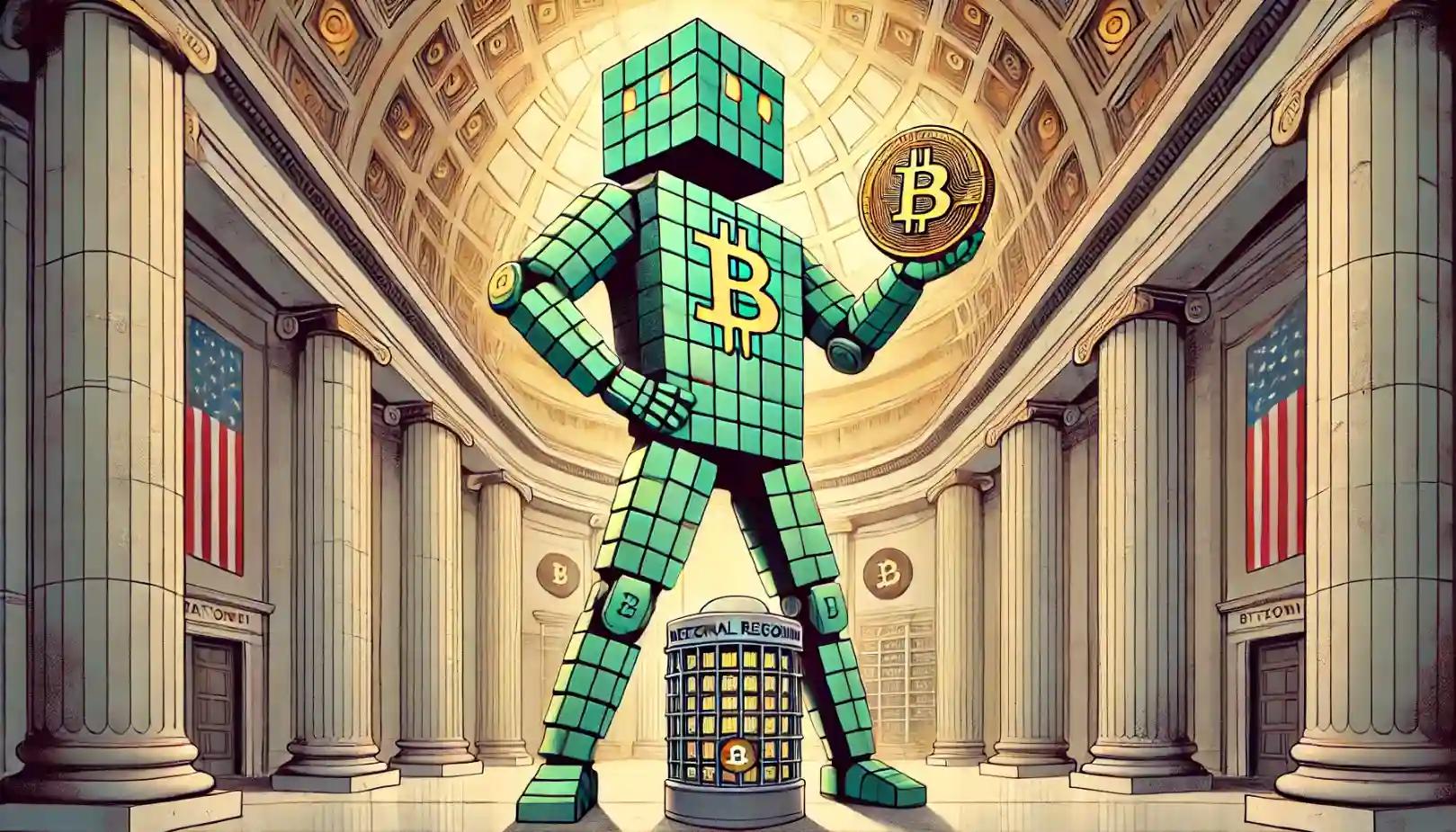 Robot places Bitcoin cube into federal vault amid strategic reserve debate