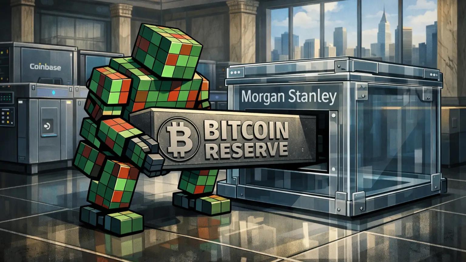 Robot places Bitcoin inside Morgan Stanley Bitcoin ETF custody vault.