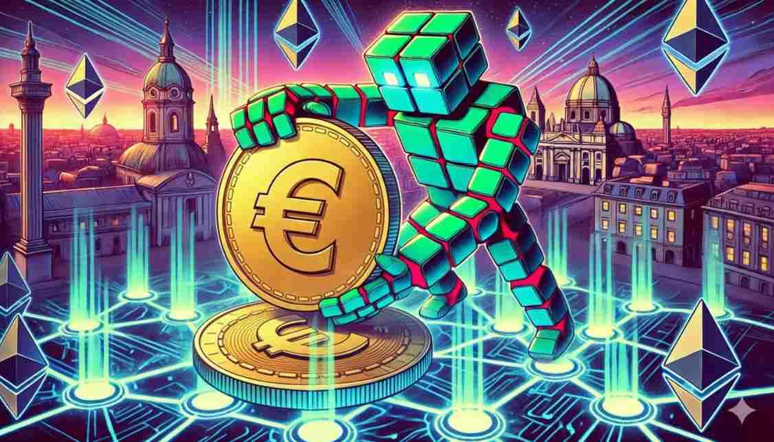Robot places a glowing Euro coin onto the Ethereum blockchain, marking the first major European tokenized fund