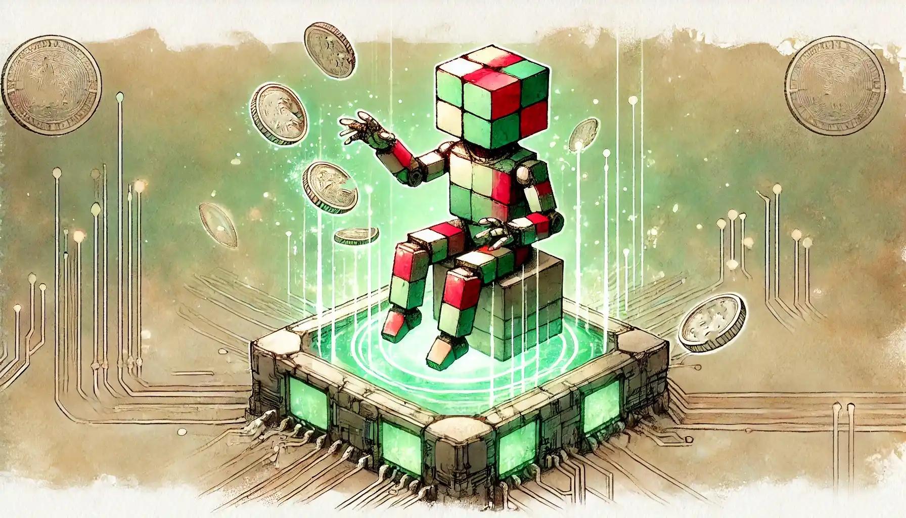 Robot placing coins in a glowing liquidity pool