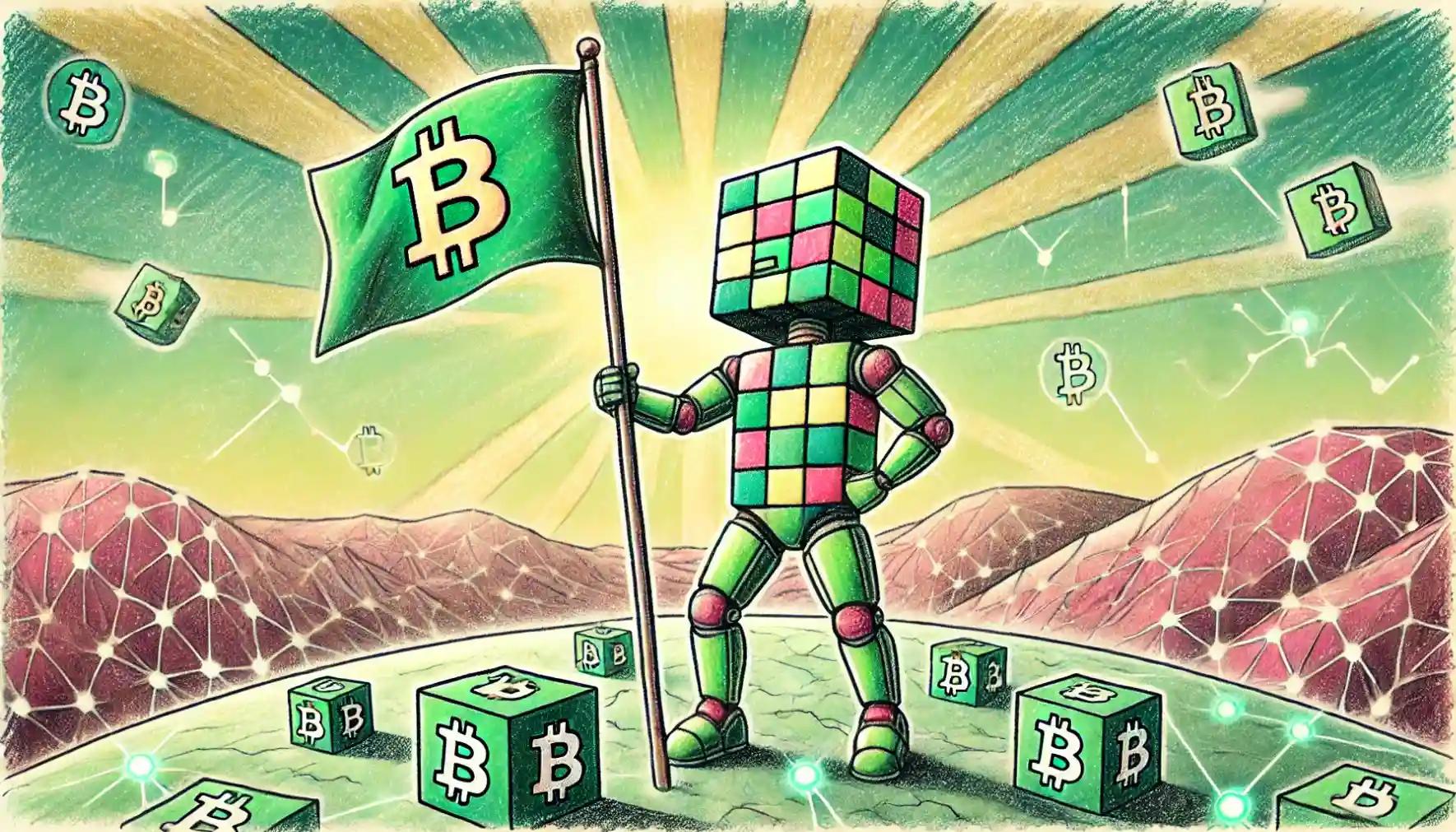 Robot planting Bitcoin flag on pastel blockchain terrain