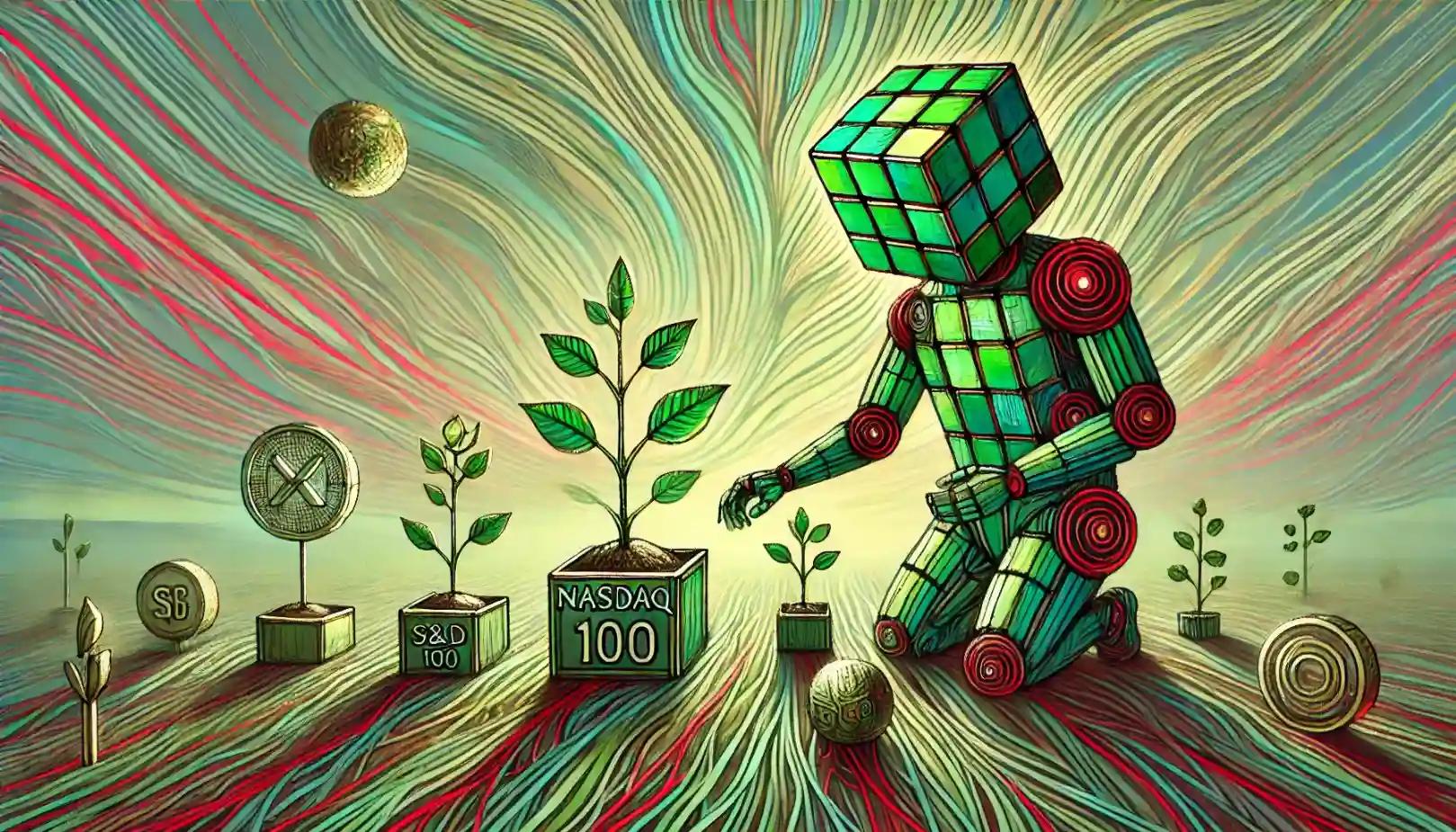 Robot planting gold, Nasdaq orb, S&P shield seeds