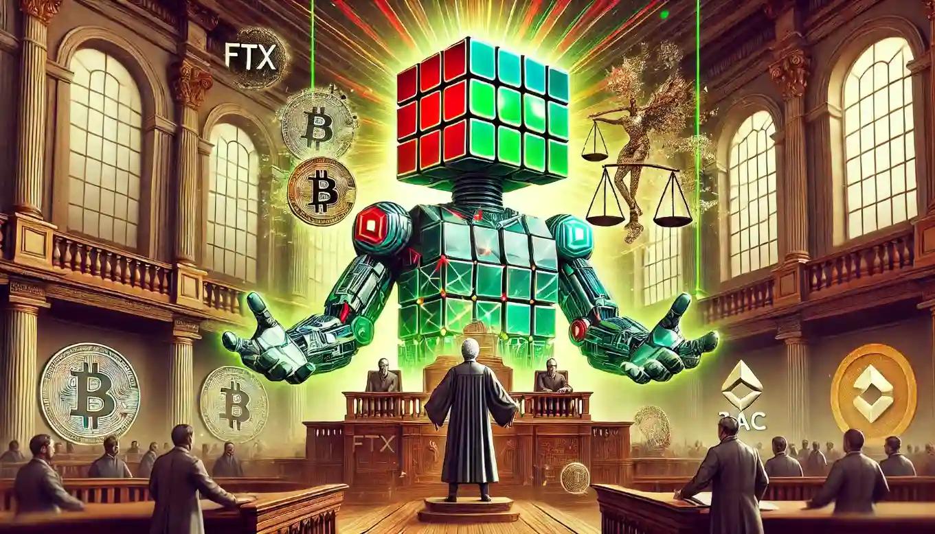 Robot presenting crypto evidence in a grand courtroom setting