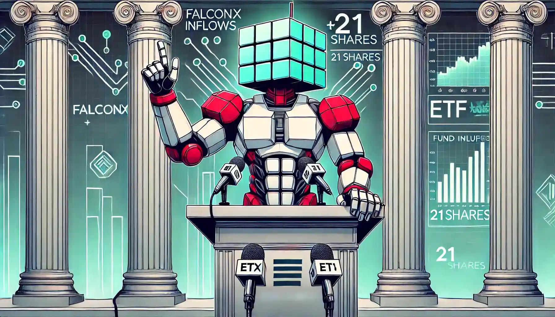 Robot presents FalconX-21Shares merger with ETF charts in backdrop