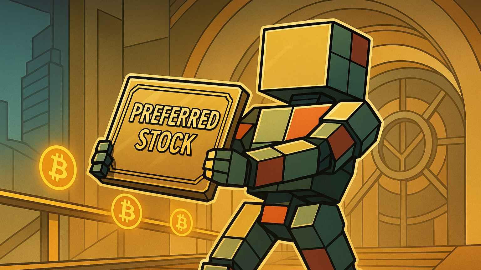 Robot presents preferred-stock plaque as Bitcoin treasury expansion ramps upward