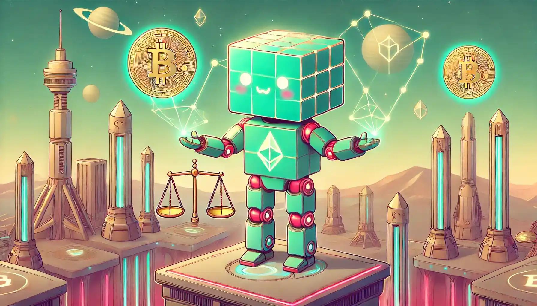 Robot projects a legal scale over futuristic blockchain-powered city