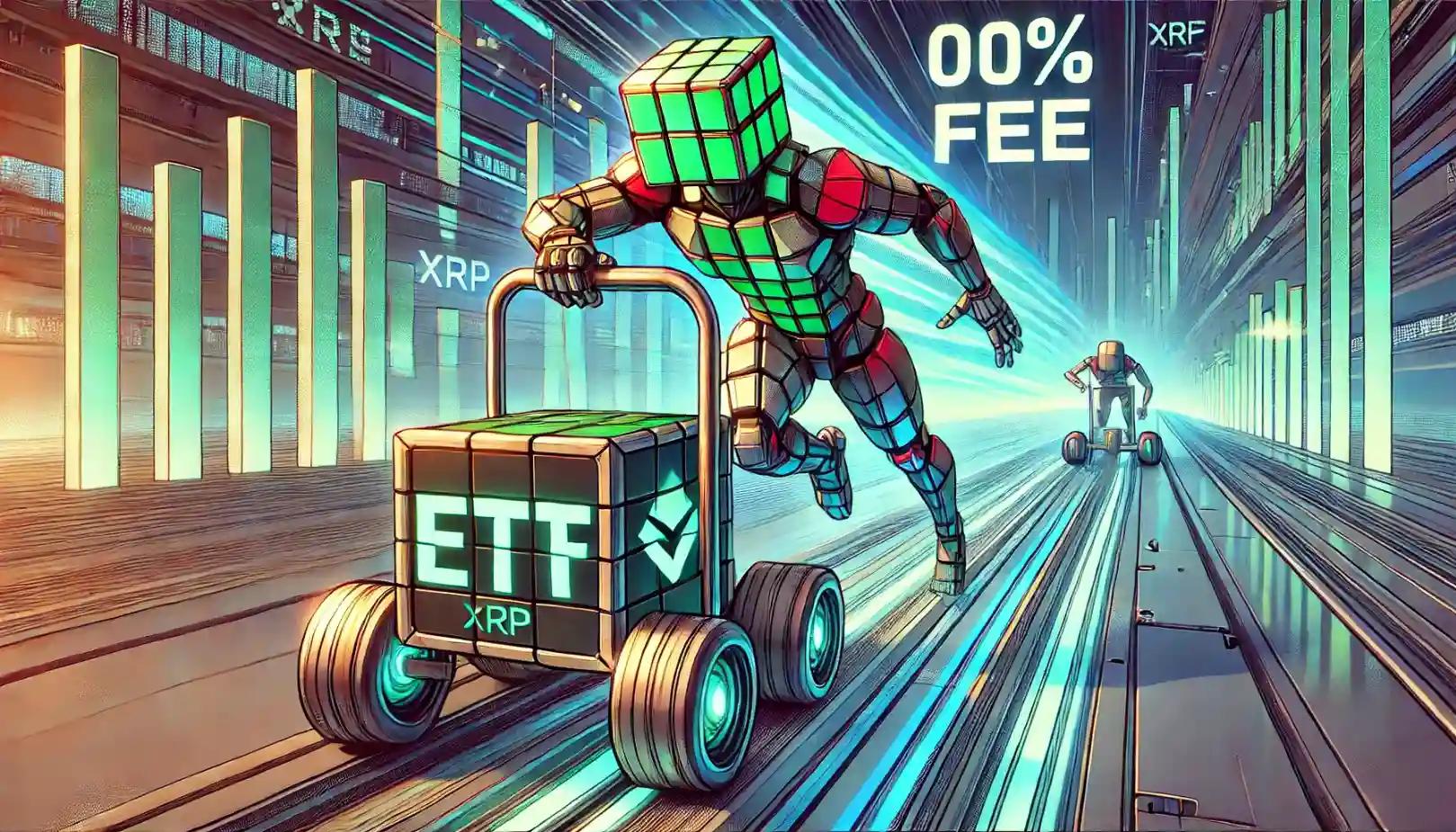 Robot pushes crypto ETF cart in a race, symbolizing market competition