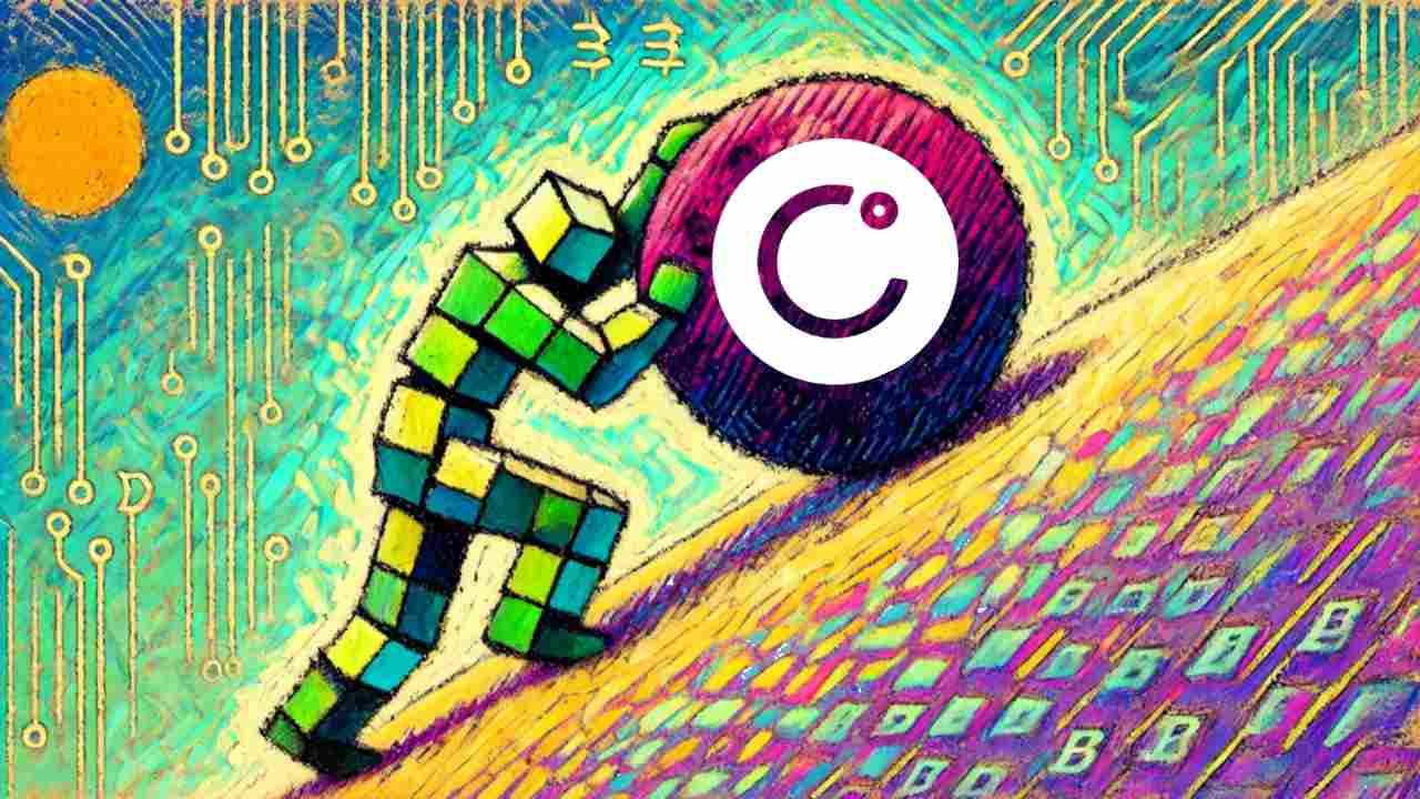 Robot pushing Celsius symbol uphill on pastel slope