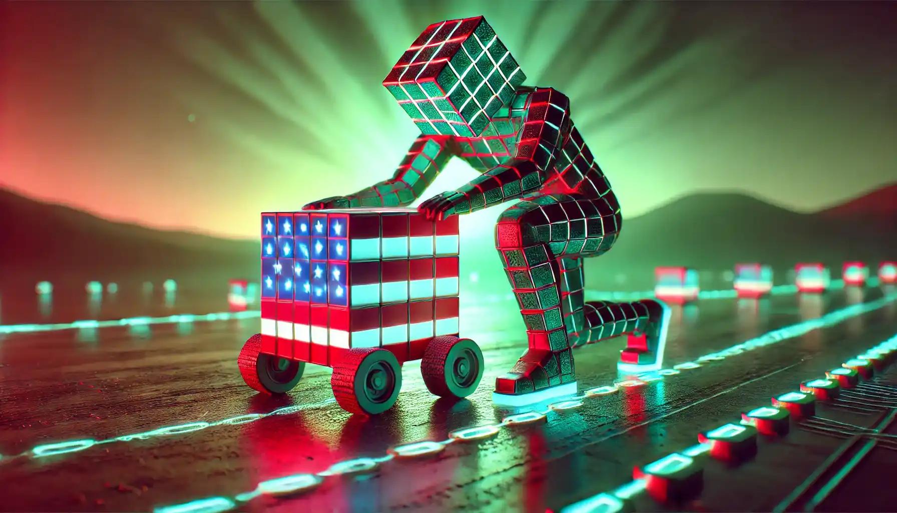 Robot pushing blockchain cube with US flag