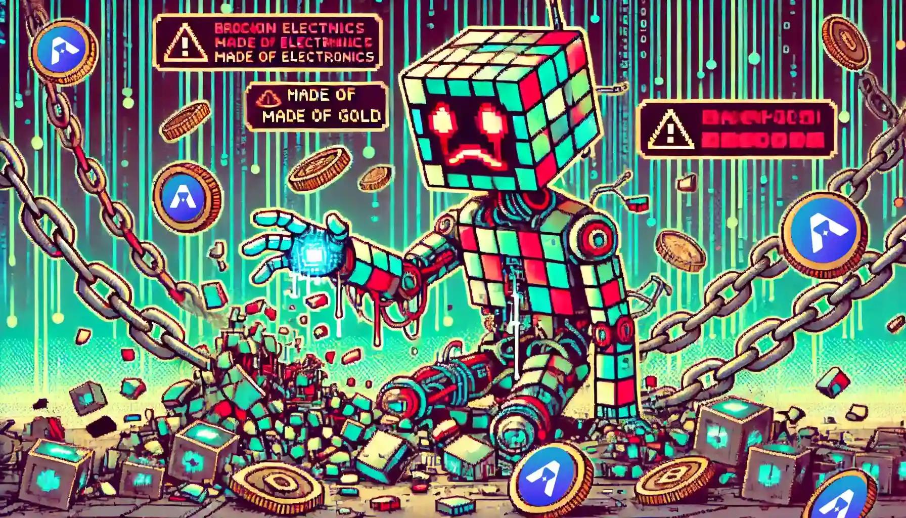 Robot puzzled by digital chaos as blockchain crumbles