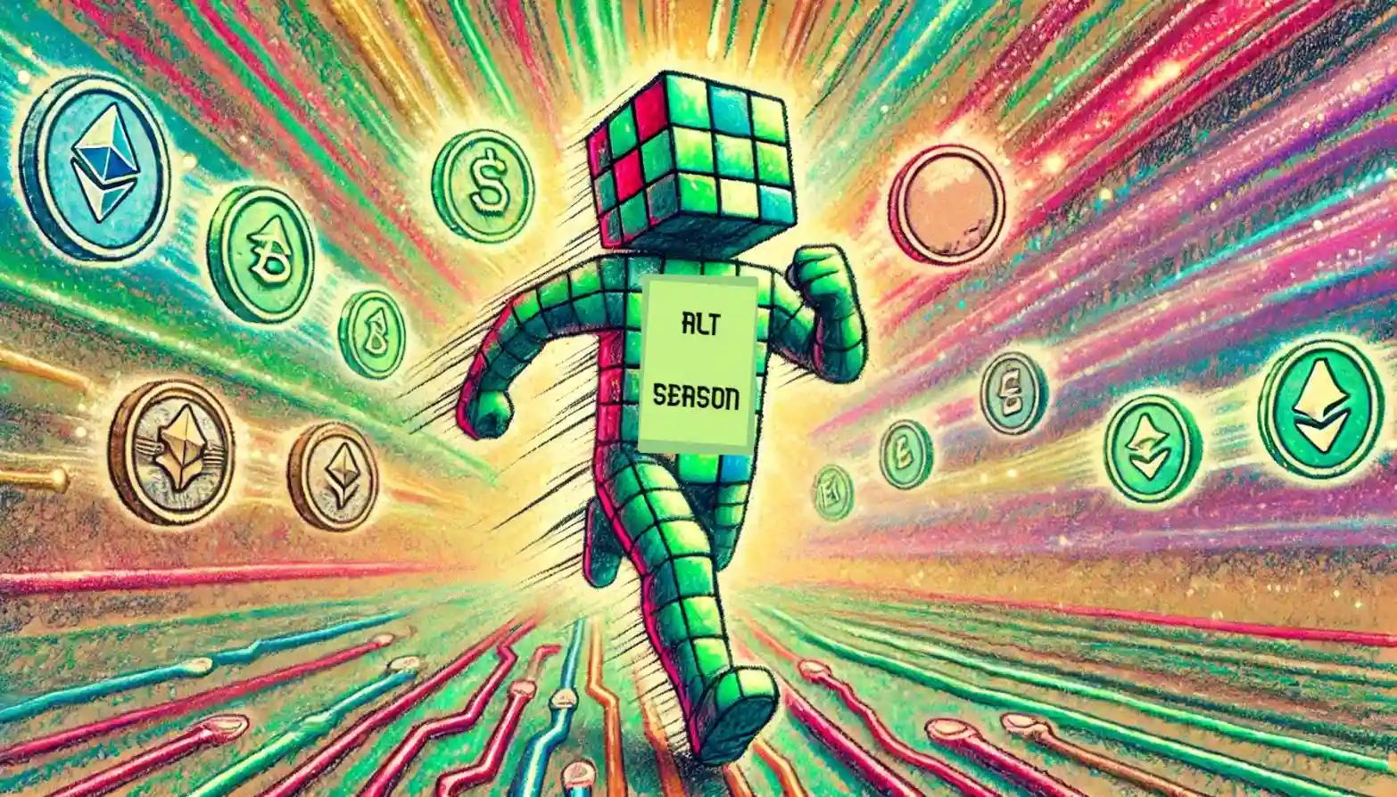 Robot racing circuit board holding tokens, showcasing altcoin season energy